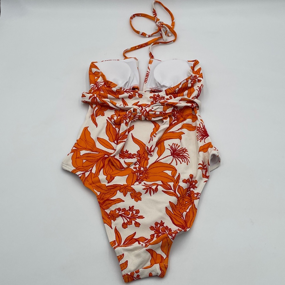 CUPSHE Orange Floral Plunging Halter V Neck One Piece Bathing Suit Swimsuit - Picture 6 of 13